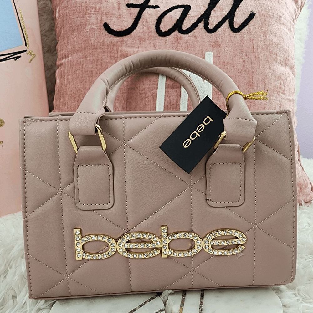 BEBE Zaza Small Top Handle Crossbody Beige Crystal Logo